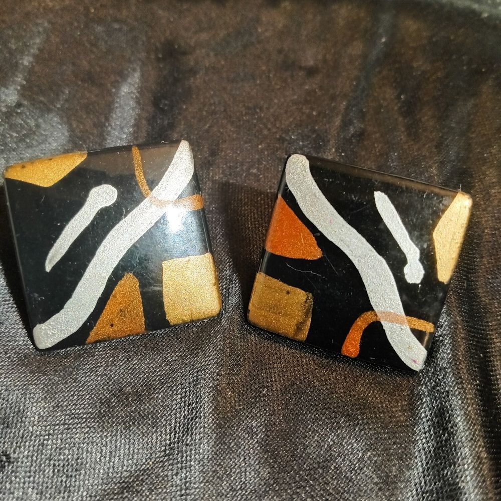 Vintage  Geometric Painted Wood 70s Pierced Earrings